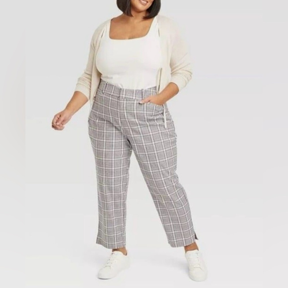 Ava & Viv High Rise Ankle Tapered Pants Cream Plaid